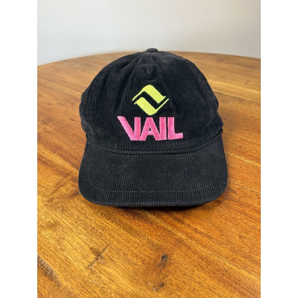 Vintage Vail Skiing Corduroy Snapback Hat Black Ski Pro Am Retro Rope Cap Mens